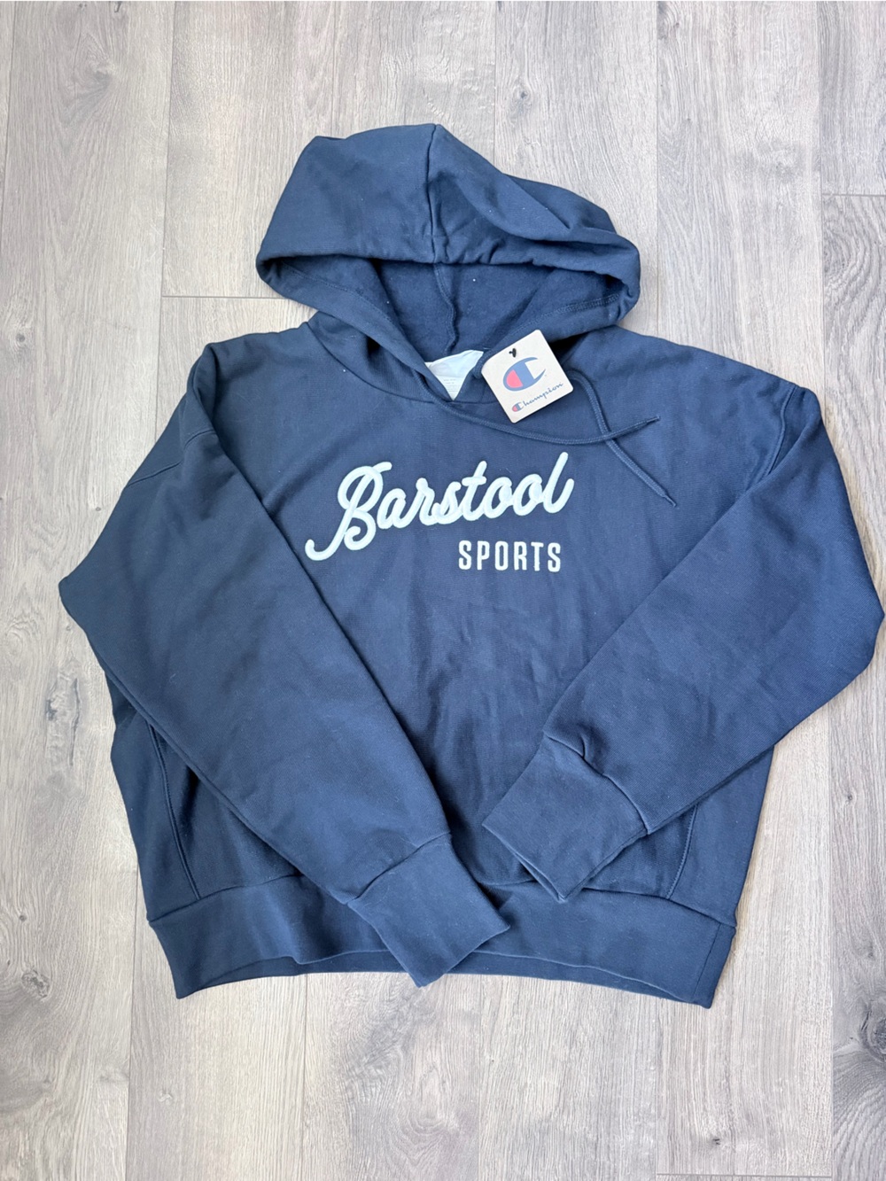Barstool Champion woman’s Navy Blue Sweatshirt Hoodie with Script Logo